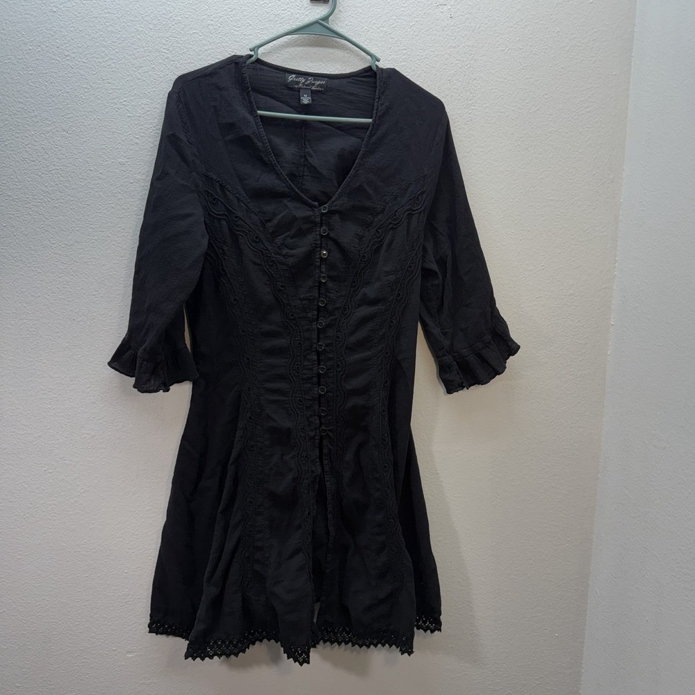 Gretty Zueger Lace Embroidered Black Mini Dress Women's M Fairy Boho Whimsigoth